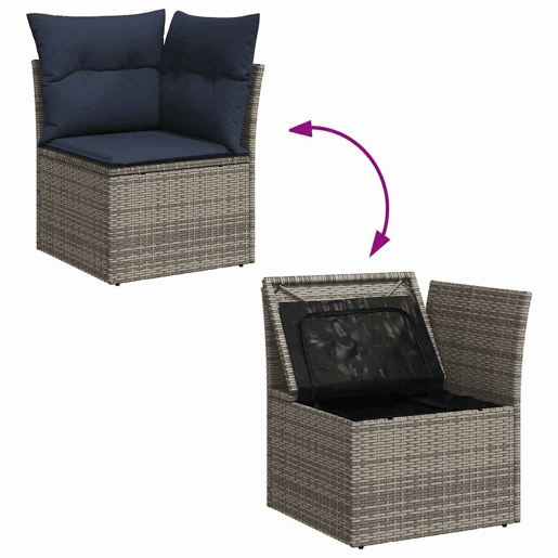 vidaXL Sofá de canto para jardim com almofadões vime PE cinzento vidaXL Sofá de canto para jardim com almofadões vime PE cinzento