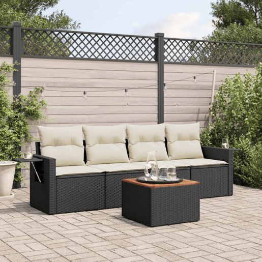 vidaXL 5 pcs conjunto sofás de jardim com almofadões vime PE preto vidaXL 5 pcs conjunto sofás de jardim com almofadões vime PE preto