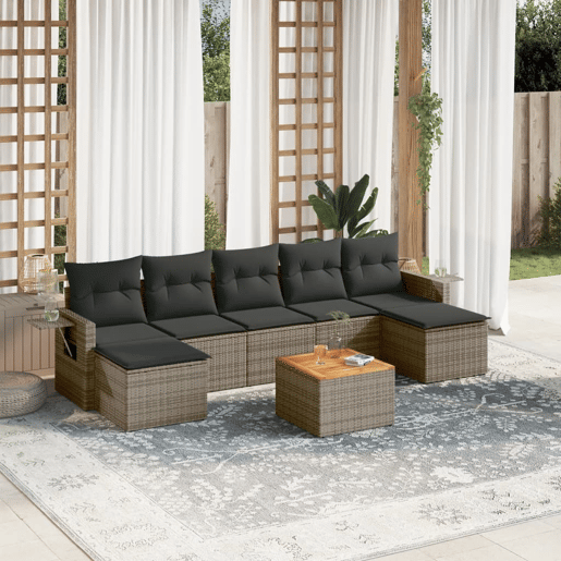 vidaXL 8 pcs conjunto sofás de jardim c almofadões vime PE cinzento vidaXL 8 pcs conjunto sofás de jardim c almofadões vime PE cinzento