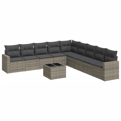 vidaXL 10 pcs conjunto sofás de jardim c almofadões vime PE cinzento vidaXL 10 pcs conjunto sofás de jardim c almofadões vime PE cinzento