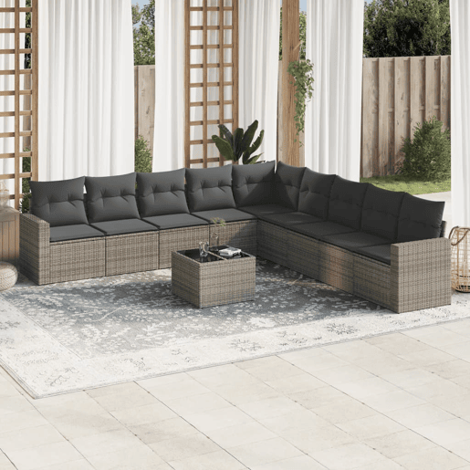 vidaXL 10 pcs conjunto sofás de jardim c almofadões vime PE cinzento vidaXL 10 pcs conjunto sofás de jardim c almofadões vime PE cinzento