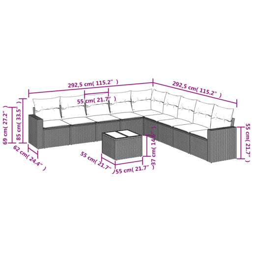 vidaXL 10 pcs conjunto sofás de jardim c almofadões vime PE cinzento vidaXL 10 pcs conjunto sofás de jardim c almofadões vime PE cinzento