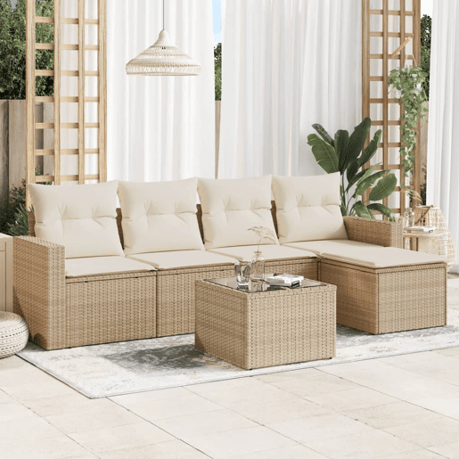 vidaXL 6 pcs conjunto de sofás p jardim com almofadões vime PE bege vidaXL 6 pcs conjunto de sofás p jardim com almofadões vime PE bege