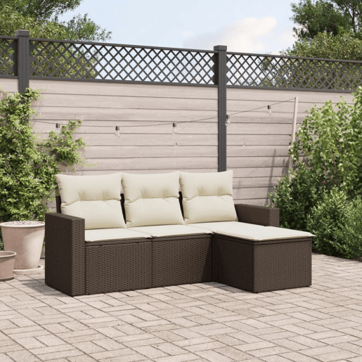 vidaXL 4 pcs conjunto sofás de jardim c almofadões vime PE castanho vidaXL 4 pcs conjunto sofás de jardim c almofadões vime PE castanho