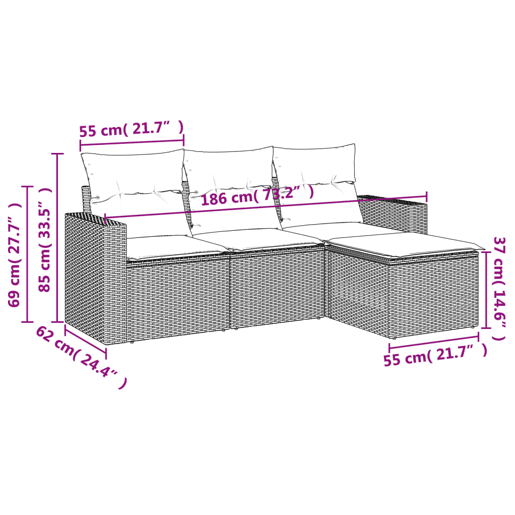 vidaXL 4 pcs conjunto sofás de jardim c almofadões vime PE castanho vidaXL 4 pcs conjunto sofás de jardim c almofadões vime PE castanho