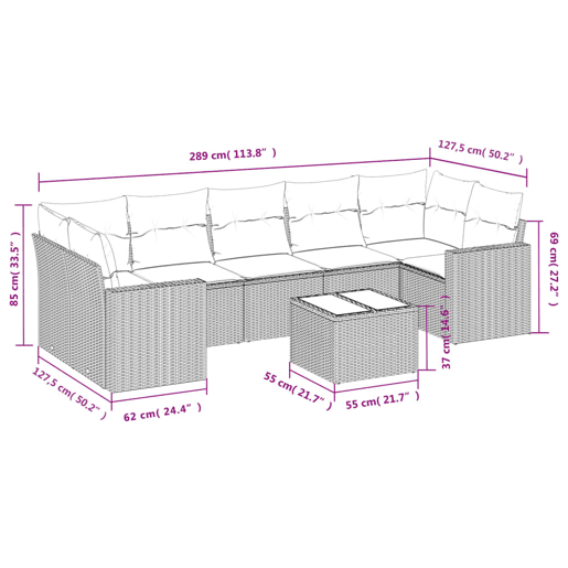 vidaXL 8 pcs conjunto sofás de jardim c almofadões vime PE cinzento