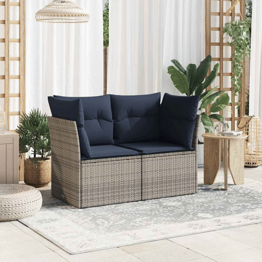 vidaXL Sofá de jardim de 2 lugares com almofadões vime PE cinzento
