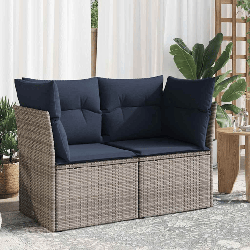 vidaXL Sofá de jardim de 2 lugares com almofadões vime PE cinzento