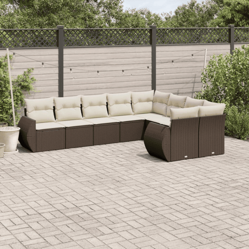 vidaXL 9 pcs conjunto sofás p jardim c almofadões vime PE castanho