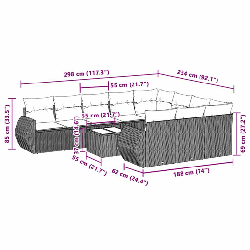 vidaXL 11 pcs conjunto sofás de jardim c almofadões vime PE cinzento