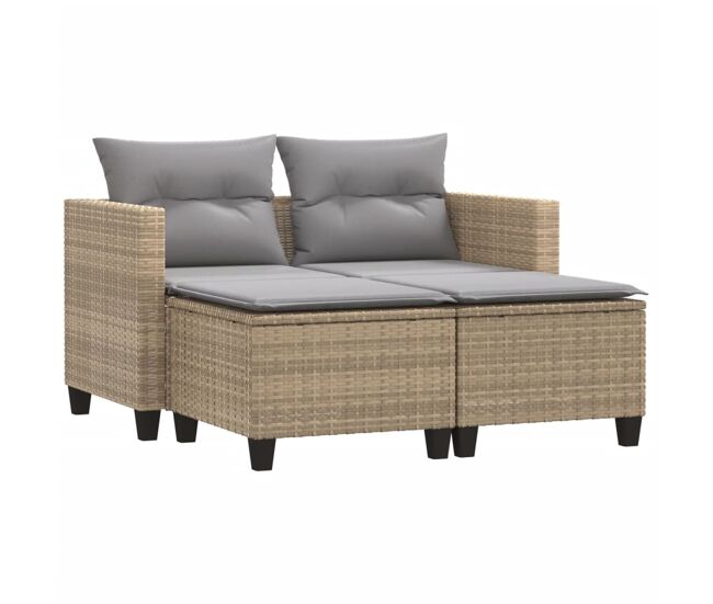 Vidaxl sofá de jardín 2 plazas con toldo y taburetes ratán pe beige