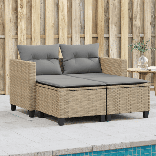vidaXL Sofá de jardim de 2 lugares com toldo e bancos vime PE bege vidaXL Sofá de jardim de 2 lugares com toldo e bancos vime PE bege