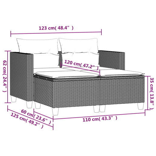 vidaXL Sofá de jardim de 2 lugares com toldo e bancos vime PE bege vidaXL Sofá de jardim de 2 lugares com toldo e bancos vime PE bege