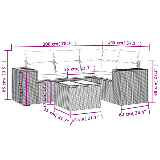 vidaXL 5 pcs conjunto de sofás p jardim com almofadões vime PE bege