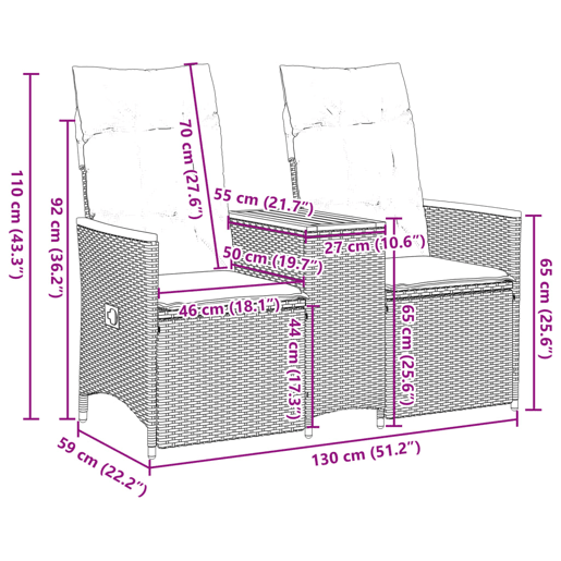 vidaXL Sofá de jardim reclinável 2 lugares com mesa vime PE preto vidaXL Sofá de jardim reclinável 2 lugares com mesa vime PE preto