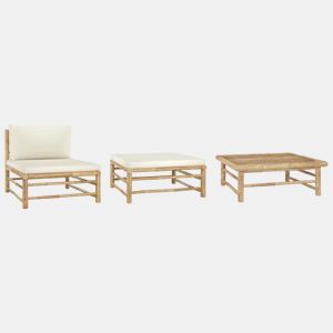 vidaXL 3 pcs conj. lounge p jardim em bambu c almofadões branco nata