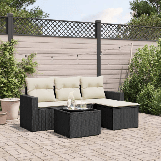 vidaXL 5 pcs conjunto sofás de jardim com almofadões vime PE preto vidaXL 5 pcs conjunto sofás de jardim com almofadões vime PE preto