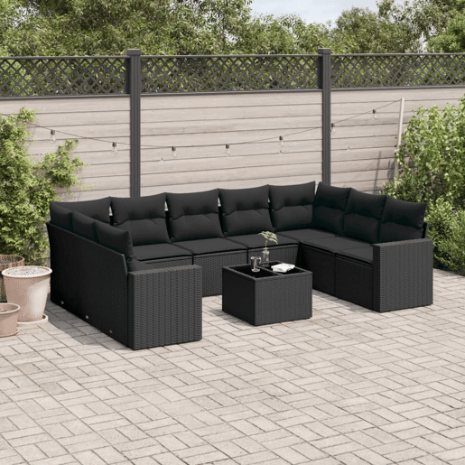 vidaXL 10 pcs conjunto sofás de jardim c almofadões vime PE preto vidaXL 10 pcs conjunto sofás de jardim c almofadões vime PE preto