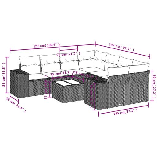 vidaXL 9 pcs conjunto de sofás p jardim c almofadões vime PE preto