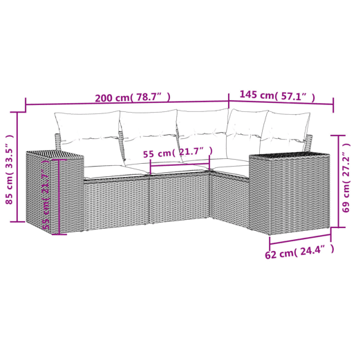 vidaXL 4 pcs conjunto sofás de jardim c almofadões vime PE castanho