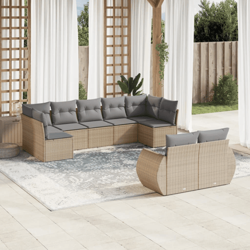 vidaXL 9 pcs conjunto de sofás p jardim com almofadões vime PE bege