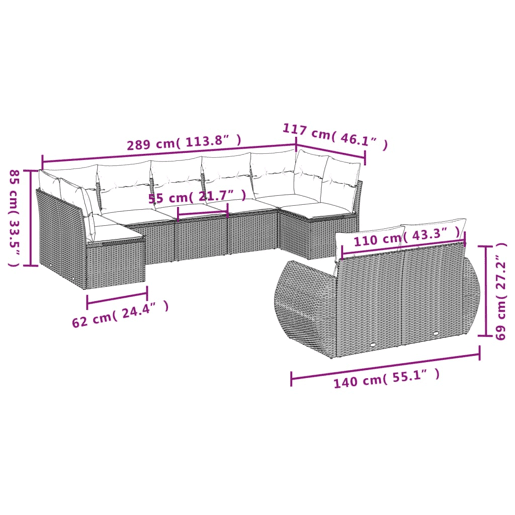 vidaXL 9 pcs conjunto de sofás p jardim com almofadões vime PE bege