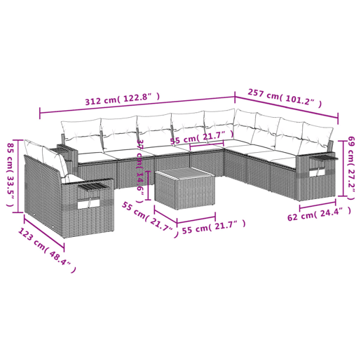 vidaXL 11 pcs conjunto sofás de jardim c almofadões vime PE bege