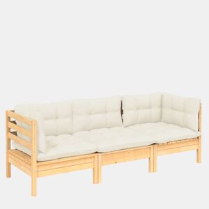 vidaXL Sofá de jardim 3 lugares com almofadões cor creme pinho maciço