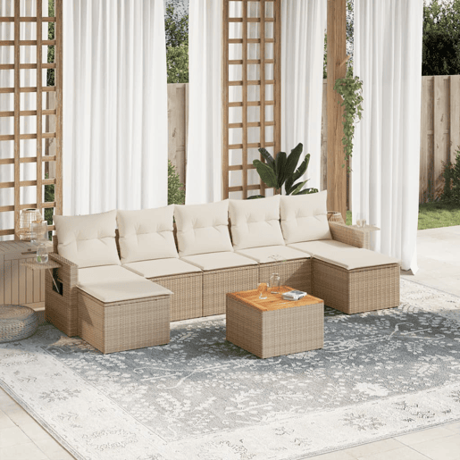 vidaXL 8 pcs conjunto de sofás p jardim com almofadões vime PE bege vidaXL 8 pcs conjunto de sofás p jardim com almofadões vime PE bege