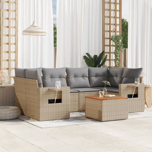 vidaXL 7 pcs conjunto de sofás p jardim com almofadões vime PE bege vidaXL 7 pcs conjunto de sofás p jardim com almofadões vime PE bege