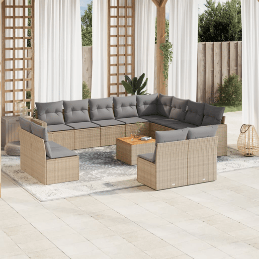 vidaXL 13 pcs conjunto de sofás p jardim com almofadões vime PE bege vidaXL 13 pcs conjunto de sofás p jardim com almofadões vime PE bege