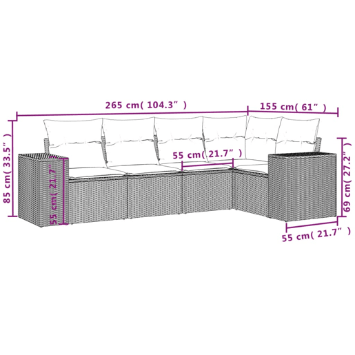 vidaXL 5 pcs conjunto sofás de jardim com almofadões vime PE preto