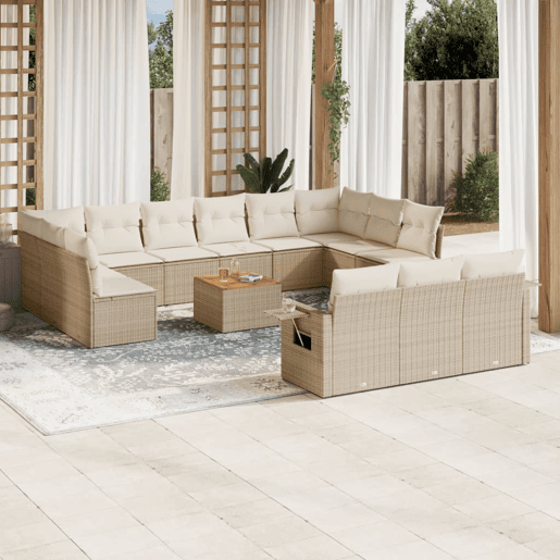 vidaXL 14 pcs conjunto de sofás p jardim com almofadões vime PE bege vidaXL 14 pcs conjunto de sofás p jardim com almofadões vime PE bege