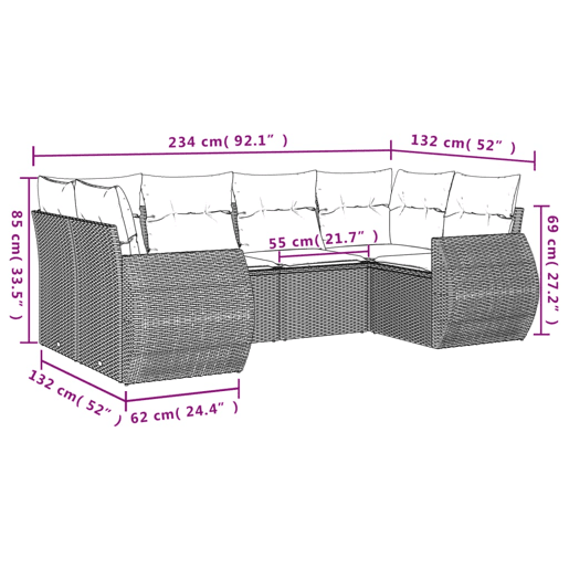 vidaXL 6 pcs conjunto de sofás p jardim com almofadões vime PE bege