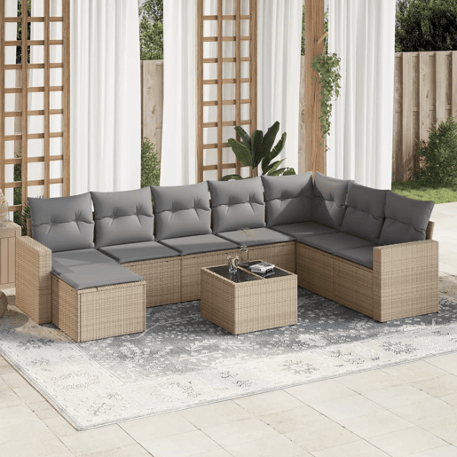 vidaXL 9 pcs conjunto de sofás p jardim com almofadões vime PE bege