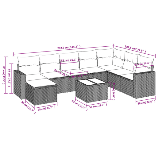 vidaXL 9 pcs conjunto de sofás p jardim com almofadões vime PE bege