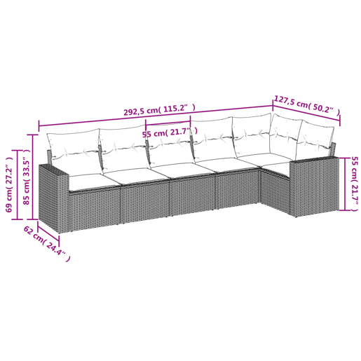 vidaXL 6 pcs conjunto sofás de jardim c almofadões vime PE preto