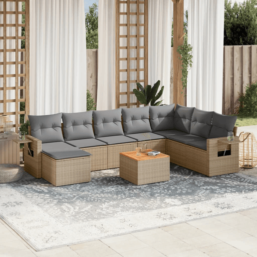 vidaXL 9 pcs conjunto de sofás p jardim com almofadões vime PE bege