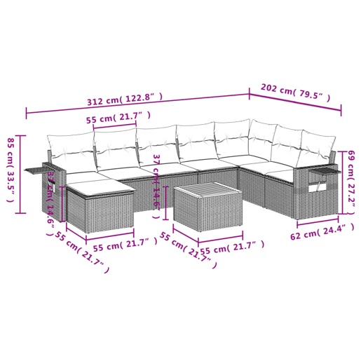 vidaXL 9 pcs conjunto de sofás p jardim com almofadões vime PE bege