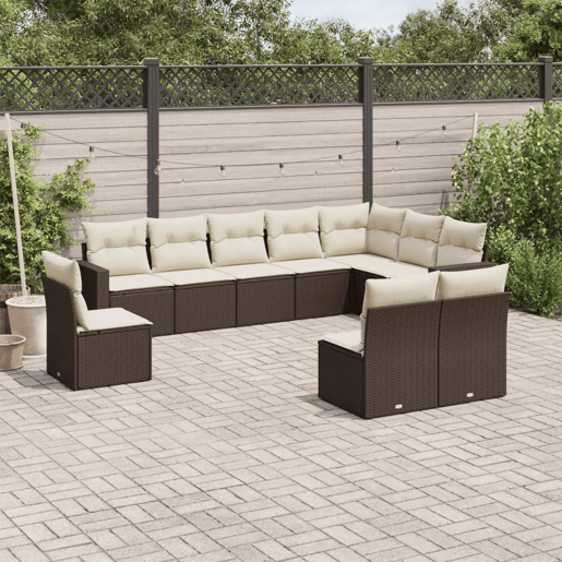 vidaXL 10 pcs conj. sofás jardim com almofadões vime PE castanho vidaXL 10 pcs conj. sofás jardim com almofadões vime PE castanho