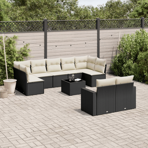 vidaXL 10 pcs conjunto sofás de jardim c almofadões vime PE preto vidaXL 10 pcs conjunto sofás de jardim c almofadões vime PE preto