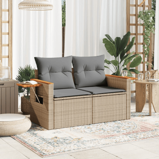 vidaXL Sofá de jardim de 2 lugares com almofadões vime PE bege