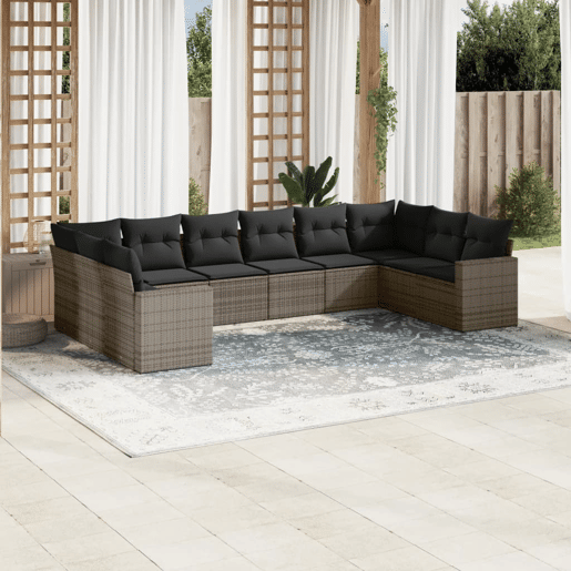 vidaXL 10 pcs conjunto sofás de jardim c almofadões vime PE cinzento vidaXL 10 pcs conjunto sofás de jardim c almofadões vime PE cinzento