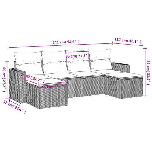 vidaXL 6 pcs conjunto de sofás p jardim com almofadões vime PE bege
