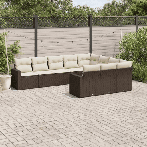 vidaXL 10 pcs conj. sofás jardim com almofadões vime PE castanho