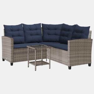 vidaXL Sofá de jardim forma de L c mesa e almofadões vime PE cinzento