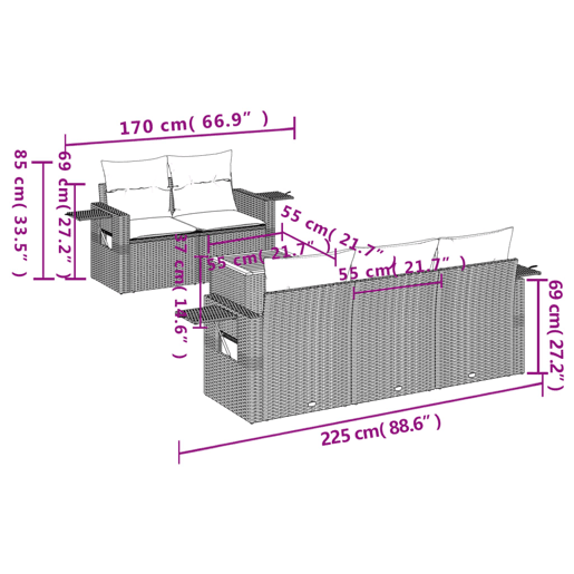 vidaXL 6 pcs conjunto de sofás p jardim com almofadões vime PE bege