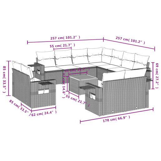 vidaXL 12 pcs conjunto de sofás p jardim com almofadões vime PE bege