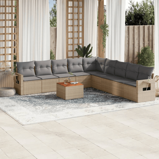 vidaXL 10 pcs conjunto de sofás p jardim com almofadões vime PE bege vidaXL 10 pcs conjunto de sofás p jardim com almofadões vime PE bege