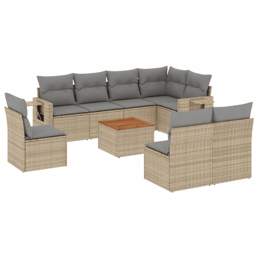 vidaXL 9 pcs conjunto de sofás p jardim com almofadões vime PE bege vidaXL 9 pcs conjunto de sofás p jardim com almofadões vime PE bege